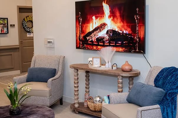 Cozy common area with fireplace and seating