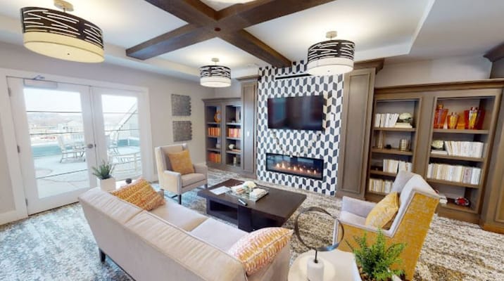 Cozy common area with a fireplace and seating