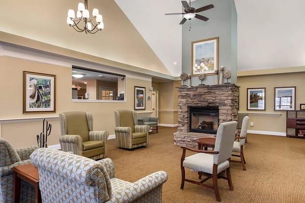 Common area with comfortable seating and fireplace