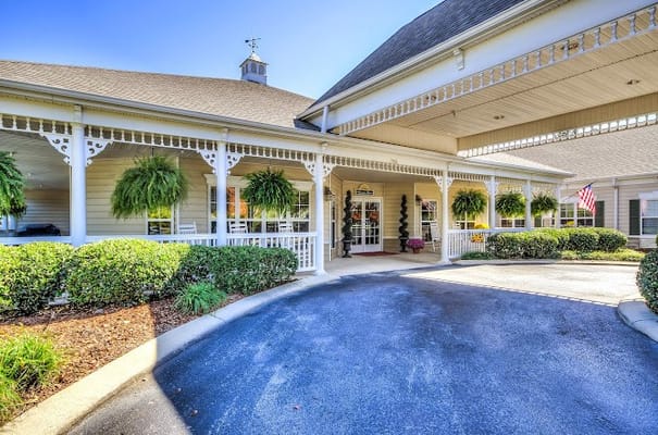 Exterior of a senior living facility with tidy landscaping