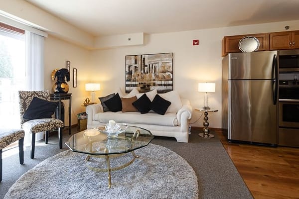 Bright common area with seating and decor