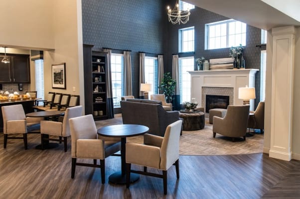 Cozy common area with seating and fireplace