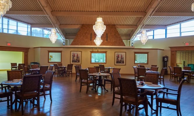 Dining area with elegant chandeliers and wooden furniture