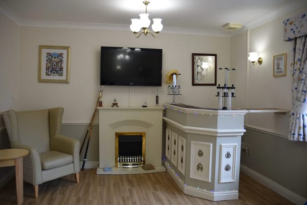 Interior view of a lounge area with a bar