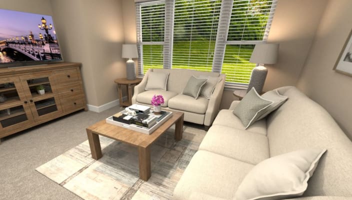 Cozy living room with light-colored sofas and a wooden coffee table