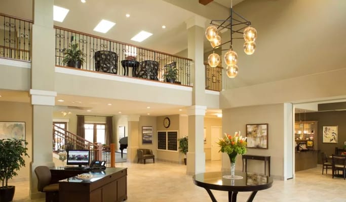 Bright common area with seating and decor