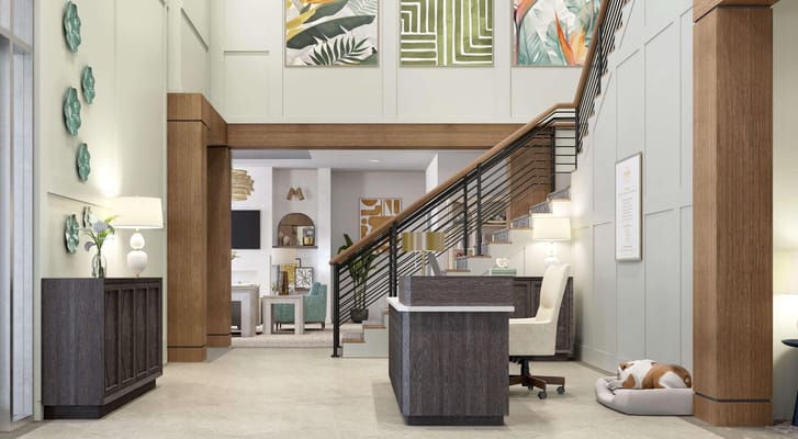 Bright and modern lobby with seating and decor