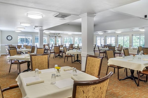 Bright dining area with neatly arranged tables