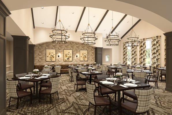 Elegant dining room setup with tables and chairs