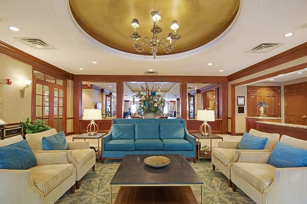 Interior view of a cozy common area with seating