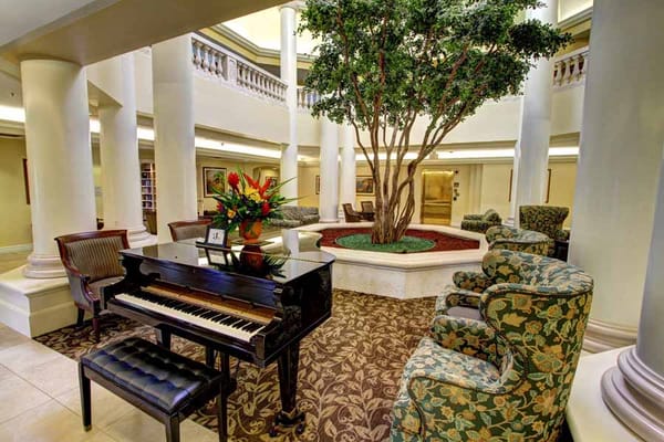 Piano in the lobby surrounded by comfortable seating and a decorative tree.