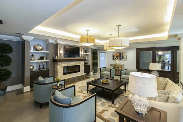 Interior view of a comfortable common area with seating