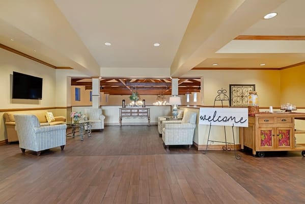 Bright interior common area with seating