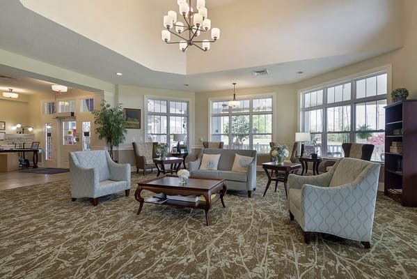 Bright and inviting common area with seating