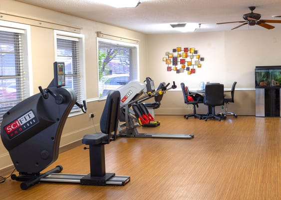 Well-equipped exercise room with gym equipment