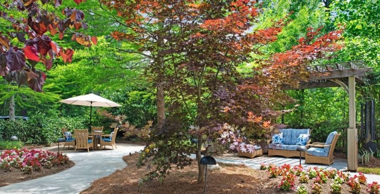 Well-maintained outdoor garden space with seating