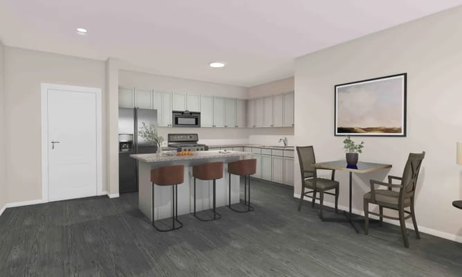 Modern kitchen interior with dining area