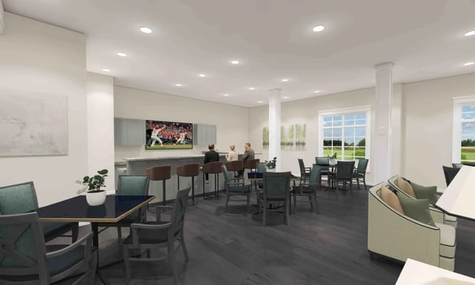 Residents enjoying a social area with a TV