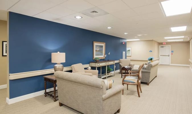 Bright interior common area with seating