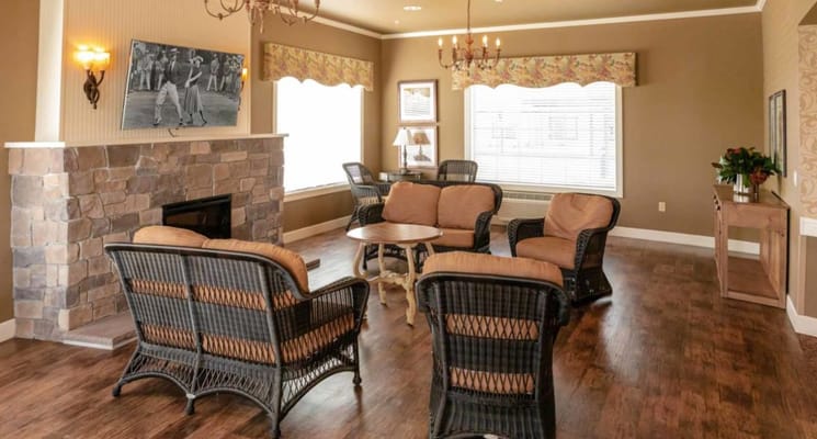 Inviting common area with seating and a fireplace