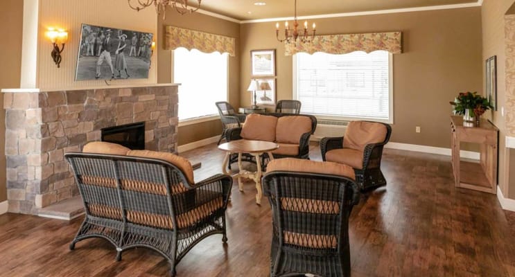 Cozy living room with comfortable seating and a fireplace