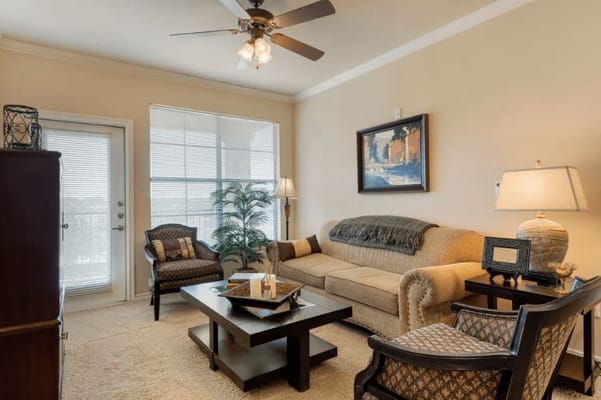 Cozy living area with seating and natural light
