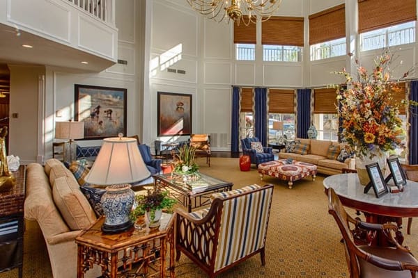 Bright and welcoming common area with seating and decor