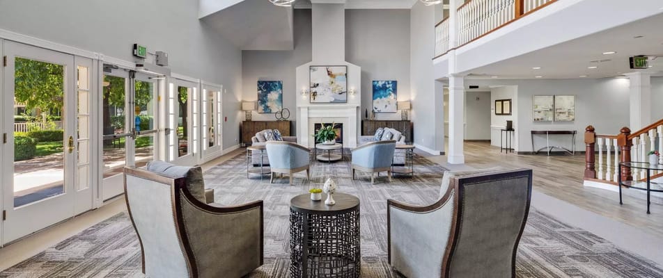 Cozy common area with seating and fireplace