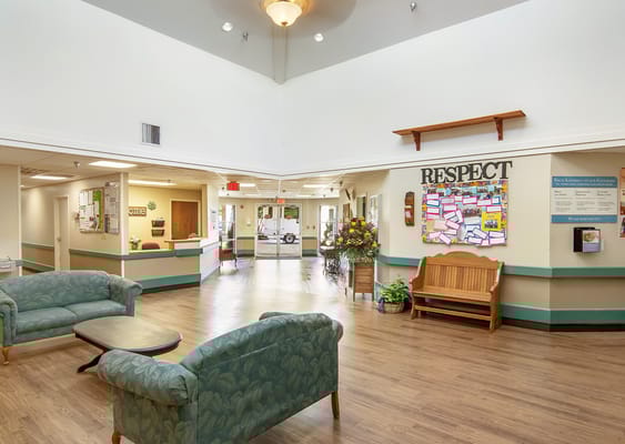 Bright common area in a senior living facility