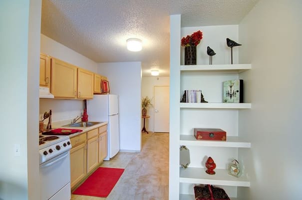 Bright kitchen with appliances and decorative shelves