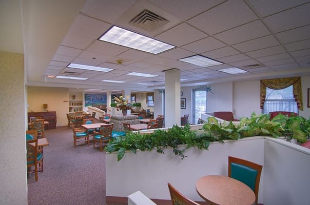 Spacious common area with seating and plants at Senior Suites South Shore