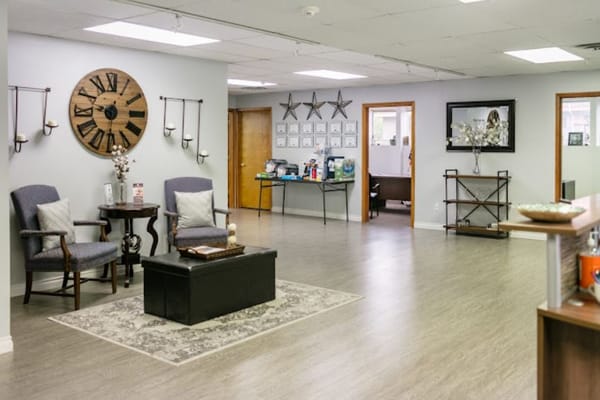 Bright and welcoming lobby area in a senior care facility