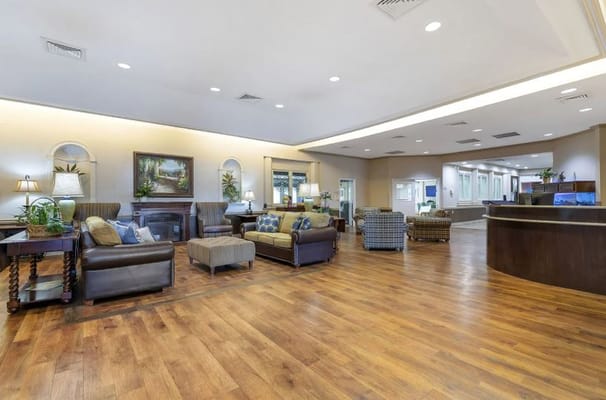 Bright and welcoming common area with seating and decor