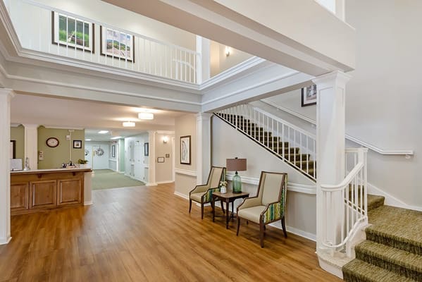 Bright lobby area of the assisted living facility