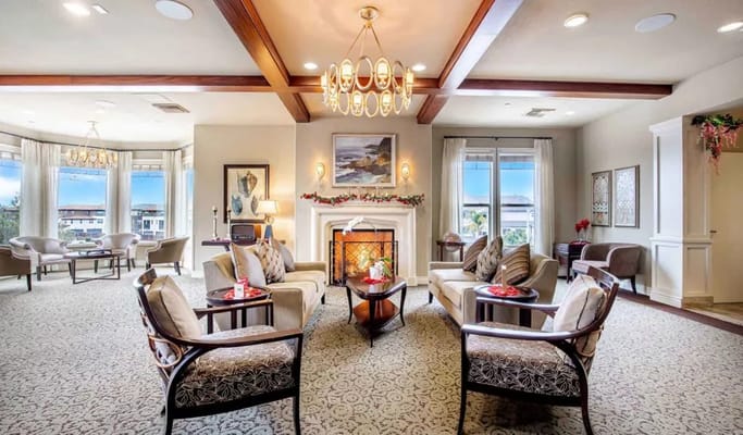 Cozy common area with comfortable seating and fireplace