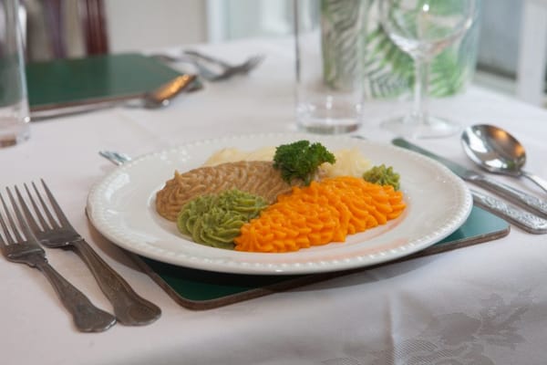 A beautifully plated meal with vegetables and puree