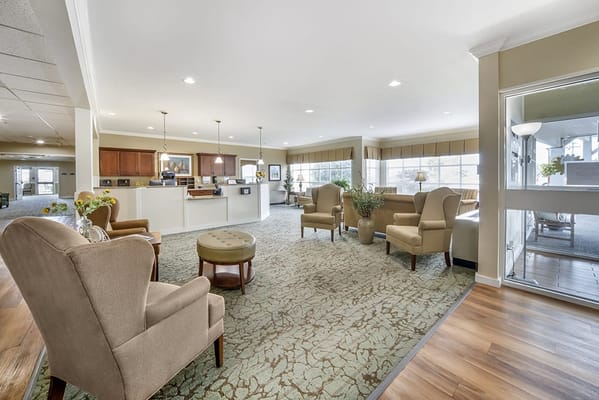 Bright and spacious common area with seating
