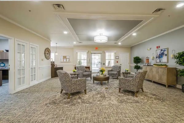 Interior view of a comfortable common area with seating