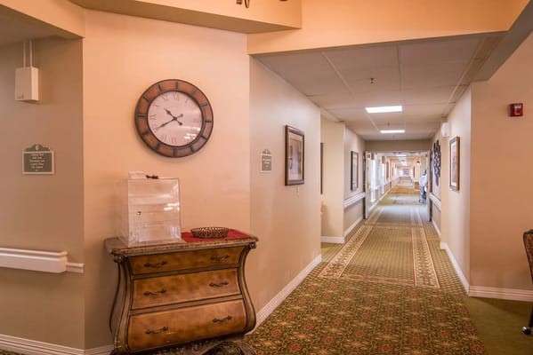 A well-lit corridor in the facility with decor