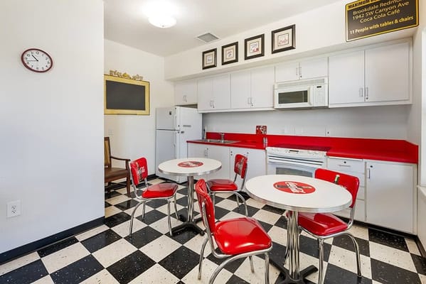 Bright common area with retro-style furnishings