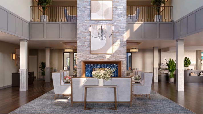 Bright and inviting common area in a senior living facility