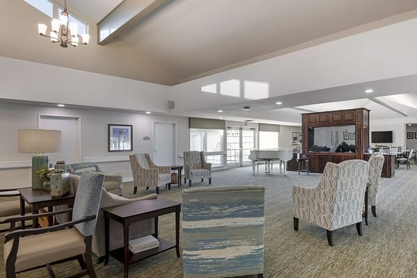 Common area of a senior living facility with seating