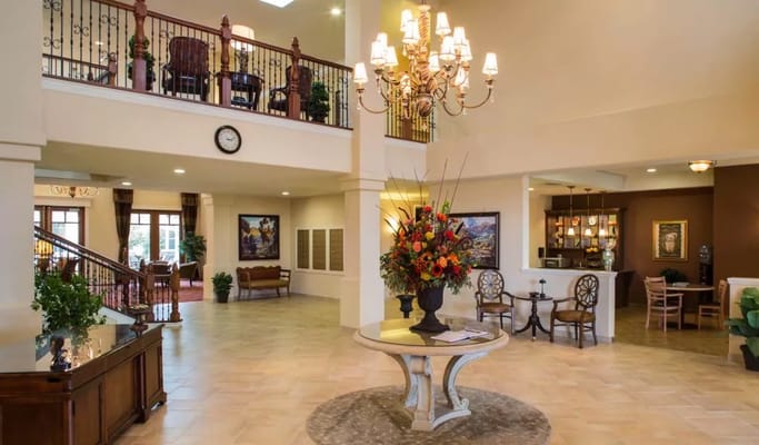 Bright interior of a senior living facility lobby