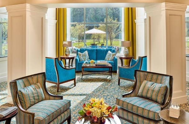 Spacious living room with blue chairs and a view of the garden