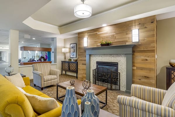 Cozy common area with seating and fireplace