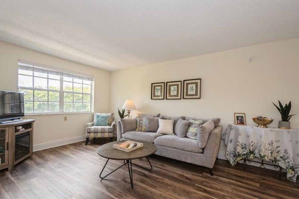 Living room with a sofa, coffee table, and television.