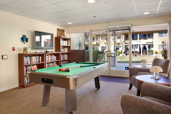 Billiards table in a recreational area with bookshelves and seating.