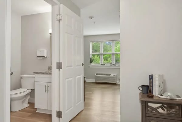 Clean bathroom with modern fixtures and an adjoining living area
