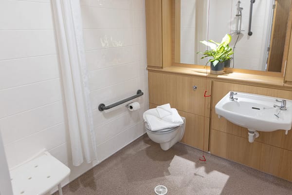 Bright and accessible bathroom with a shower, sink, and toilet