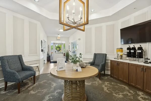 Cozy lobby area with seating and refreshments